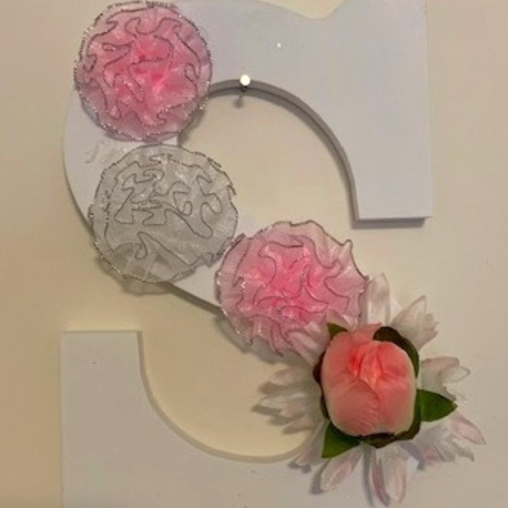 White Painted Initial Letter "S:, adorned with lace and flowers